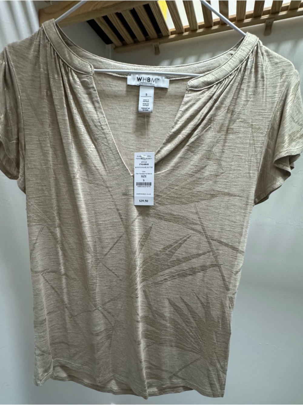 White House Black Market Light Beige V-Neck Short Sleeve Tee